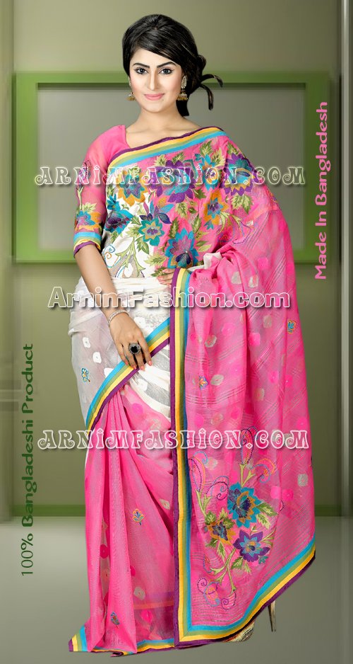 Send White & Magenta Jamdani to Bangladesh, Send gifts to Bangladesh